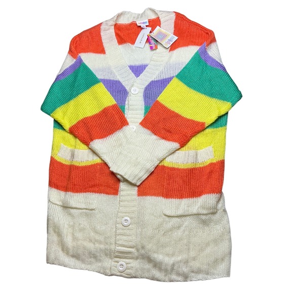 LuLaRoe Duster Cardigan Rainbow Stripe Knit Open Front‎ Pockets M NWT - Picture 1 of 5